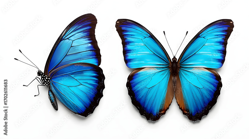 Obraz premium Azure Duo: A stunning shot presents two mesmerizing blue butterflies, showcasing intricate wing patterns and captivating azure hues. Explore the beauty of delicate wings.