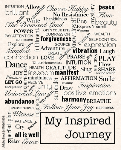 Inspirational Word Cloud Journal Cover - Mindfulness and Self-Care Typography on Vintage Background