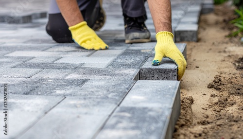 The master in work gloves lays paving stones in layers. Garden brick pathway paving by professional paver worker. Laying gray concrete paving slabs in house courtyard on sand foundation base.