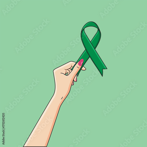 Female Hand Holding Emerald Green Satin Ribbon Liver Cancer Awareness Oncology Vector Illustration