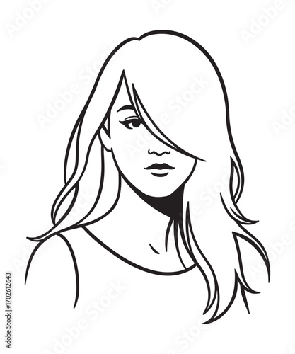 Beautiful Woman Line Art Portrait with Long Hair Vector.