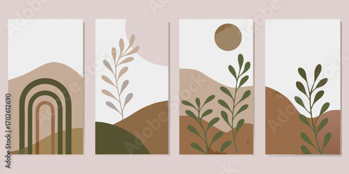 Set of four abstract minimalist vertical posters with earthy tones and botanical elements