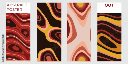 Set of four abstract vertical posters with wavy organic shapes and a warm color palette