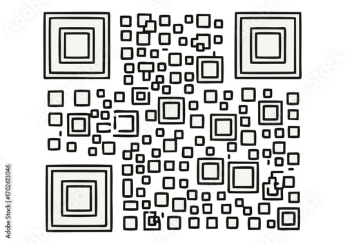 Stylized QR code with square patterns and outlines for digital information access and copy space