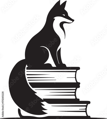 Silhouette of a fox sitting on a stack of books on a white background literature