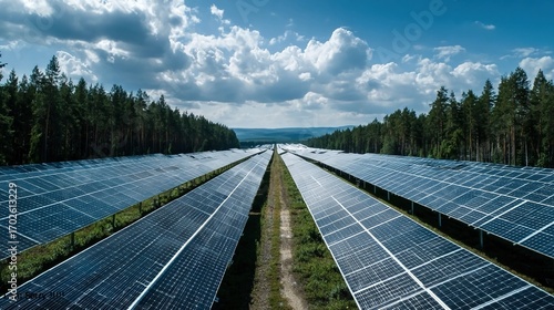 Solar farms utilizing photovoltaic panels to generate clean electricity at scale, reducing reliance on fossil fuels.