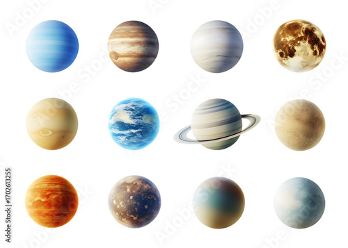 Celestial bodies orbiting sun isolated on a transparent background