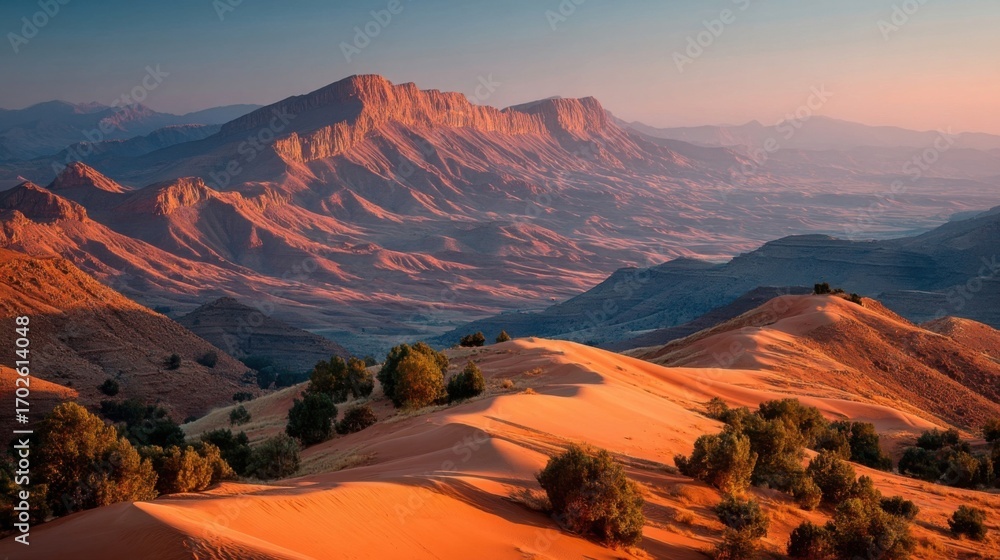 Fototapeta premium Stunning desert landscape with warm orange and pink sky, undulating sand dunes, sparse vegetation,