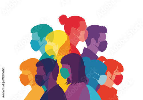 Diverse group of people wearing colorful face masks during a pandemic