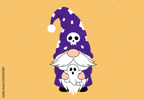 Adorable halloween purple gnome holding a ghost with skull decorations perfect for spooky season decor