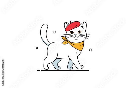 Charming white feline wearing a red beret and yellow scarf walking gracefully through snowy air
