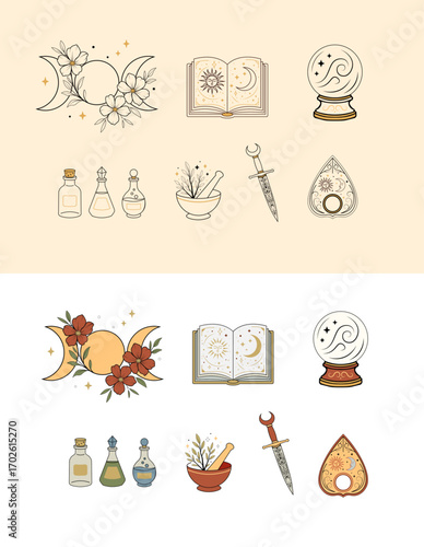 Mystical Alchemy & Esoteric Witchcraft Elements - Outline & Colored Vector Collection