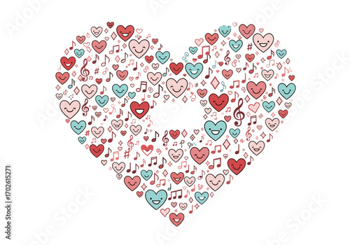 A heart shape composed of numerous small hearts and musical notes expressing joy and love in pastel colors