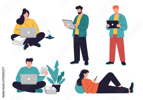 Diverse group of people engaging in various digital activities utilizing modern technology for work and leisure pursuits