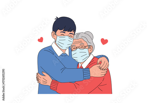 A young man and his grandmother embracing each other while wearing face masks symbolizing love and care during a pandemic