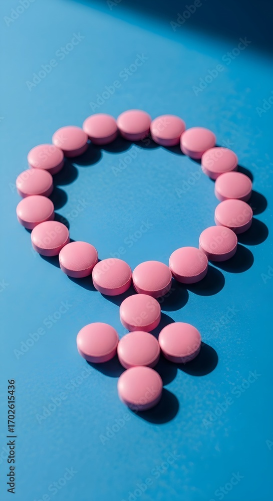 Obraz premium Pink pills shaped as female gender symbol om blue background. Vertical of women's health, hormonal balance, contraception, or reproductive medicine with copy space.
