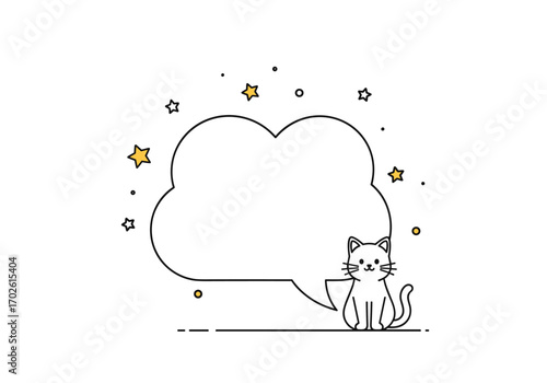 Whimsical cartoon cat sitting next to a blank speech bubble decorated with stars