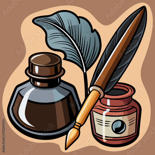 Detailed Calligraphy Tools Vector – Ink Pen, Brush, and Ink Bottle Illustration for Creative Hand Lettering and Typography