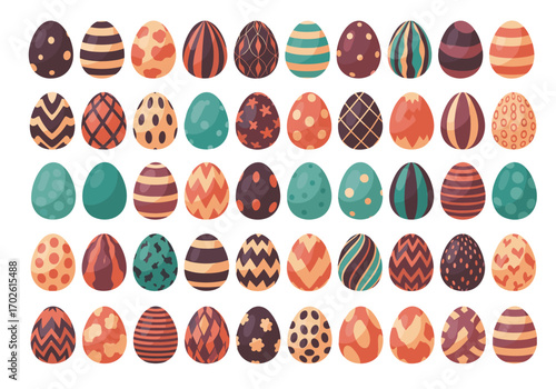 A large collection of beautifully decorated easter eggs with various patterns and colors displayed together