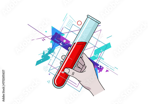 Scientific exploration of red liquid sample in a test tube held by hand amidst abstract geometric shapes and lines