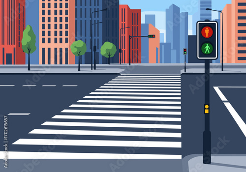 Urban intersection with pedestrian crossing and traffic signals showing red for cars and green for pedestrians signifying safe passage for those on foot