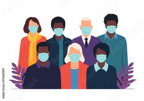 Diverse group of people wearing medical face masks showing community protection and health awareness