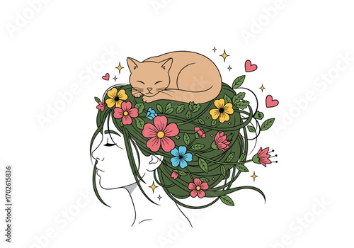 Whimsical nature portrait featuring a sleeping cat adorned with flowers and greenery in her hair
