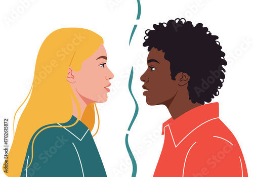 Two people of different ethnicities stand facing each other separated by a thin wavy line representing a division