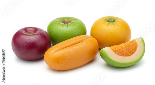 Fototapeta Naklejka Na Ścianę i Meble -  Assorted marzipan fruits isolated on white background for food and dessert photography