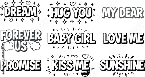 Words of Affection: Whimsical text graphics express heartfelt sentiments, perfect for romantic designs and conveying tender emotions.