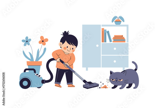 Child enthusiastically vacuuming the floor in a bright room disturbing a grumpy cat that looks unhappy with the cleaning activity