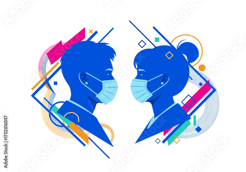 Protecting public health during a pandemic featuring abstract geometric shapes and silhouettes of people wearing face masks
