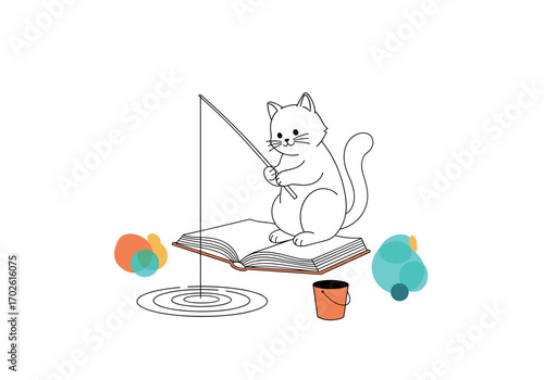 Whimsical feline angler finds joy and knowledge fishing on an open book