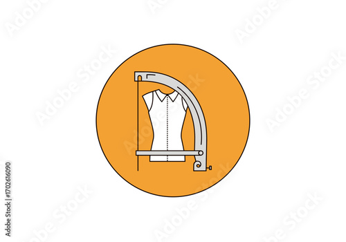 Illustration of a dress form measuring device with a bodice and a curved arm