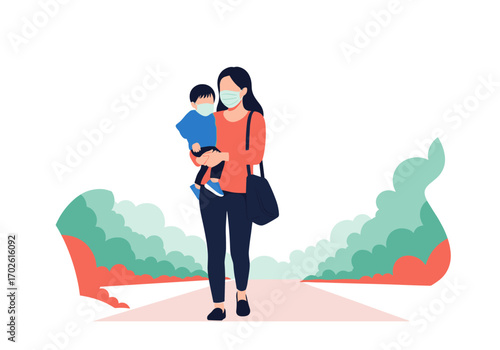Mother and child walking outdoors wearing face masks during pandemic times with greenery