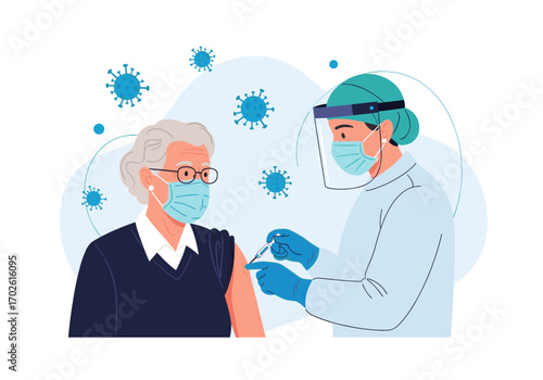 Elderly person receiving a vaccination injection from a healthcare professional in protective gear during a viral pandemic outbreak illustration