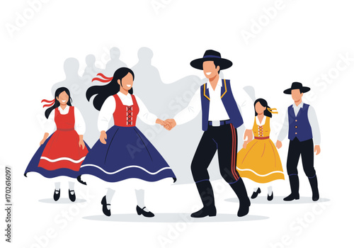 Traditional folk dance performance featuring couples and children in colorful costumes celebrating cultural heritage