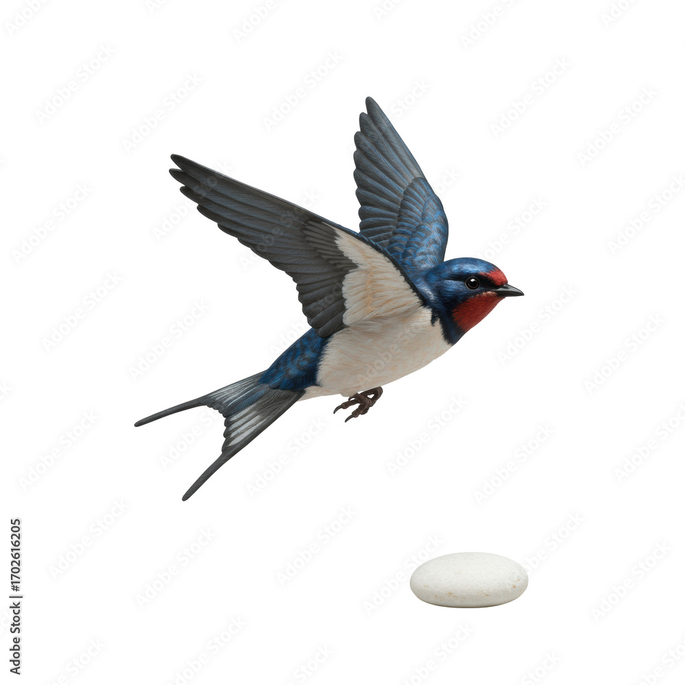 Obraz premium Handcrafted barn swallow art figurine, glossy blue plumage, reddish throat, pale belly, dynamic flight, wings extended, transparent river stone, on transparent, luxury product concept