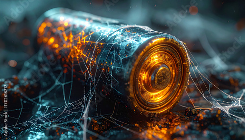Energized Battery in Decay: A visually striking composition of a deteriorated battery, showcasing a glowing core against a backdrop of textures