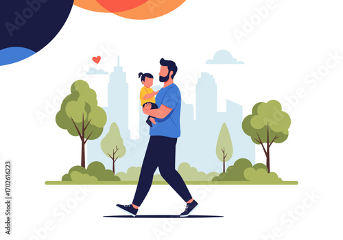 Father holding daughter walking through a park with city skyline in the background illustration