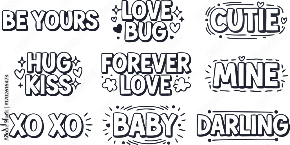 Fototapeta premium Love phrases Text: A collection of various charming phrases, designed to add a special touch to any artistic project. Capture heartfelt sentiments with these lovingly crafted words and phrases.