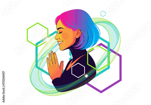 Woman in prayer surrounded by colorful geometric shapes and fluid energy swirls representing mindfulness and spiritual connection