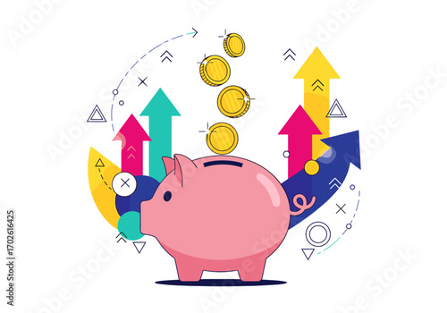Piggy bank symbolizing financial growth and saving money with upward arrows and falling coins representing investment success