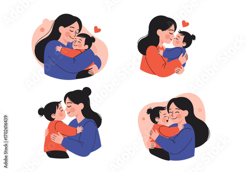 Four illustrations depicting mothers embracing and kissing their beloved children with hearts floating