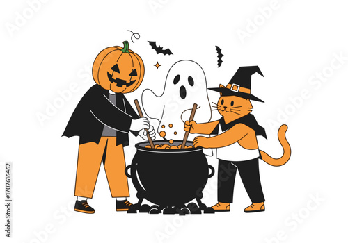 Spooky halloween scene with a jack o lantern a ghost and a witch cat brewing a potion