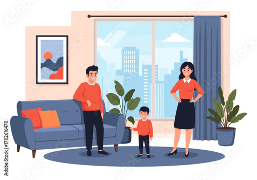 A cheerful family poses together in a brightly lit living room with a large window overlooking a cityscape