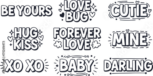 Love phrases Text: A collection of various charming phrases, designed to add a special touch to any artistic project. Capture heartfelt sentiments with these lovingly crafted words and phrases.