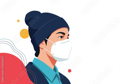 Young person wearing a protective face mask during cold weather to prevent illness spread