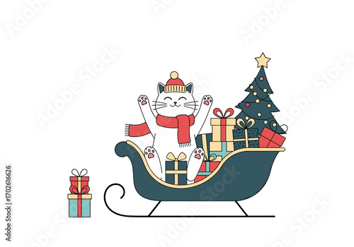 Cute white cat wearing santa hat and scarf riding sleigh full of christmas gifts with decorated tree