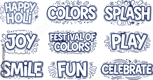 Holi Festival Typography Design: Capturing the essence of the joyous Holi festival, a vibrant typography design showcases words like Colors, Splash, Joy , Play , Smile, Fun, and Celebrate.